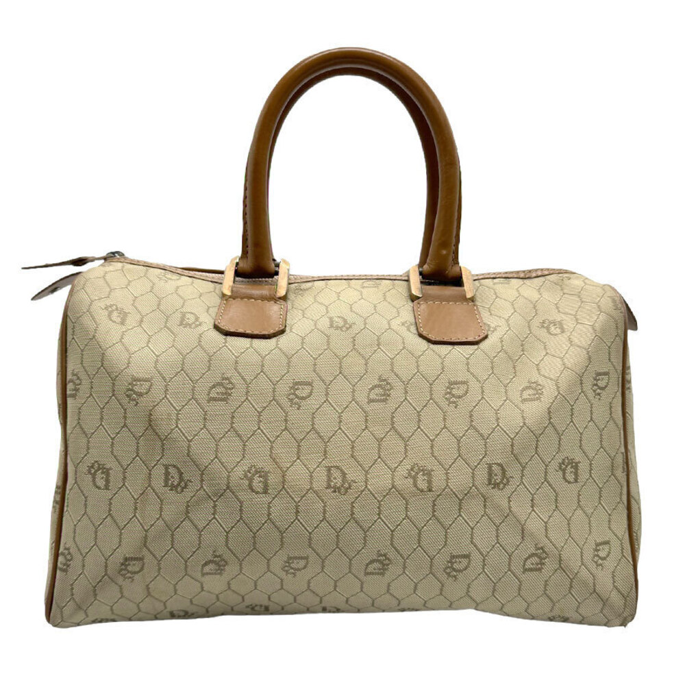 Christian Dior Honeycomb Boston Bag Canvas Leather Cream Brown